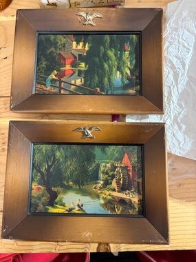 Vintage Pair of Framed Scenic Prints - Rustic Brown Frames with Eagle Accent
